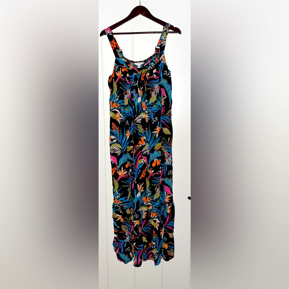 Terra & Sky Blue Watercolor Floral Plus Women 1X Maxi Dress Tropical Casual